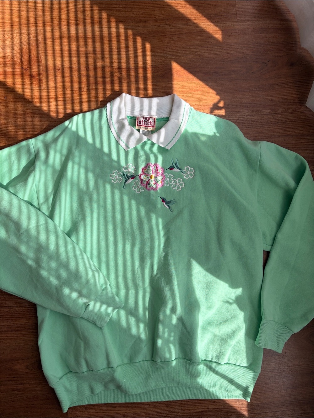 Stitch Mint Green Collared Embroidered Crewneck Sweater